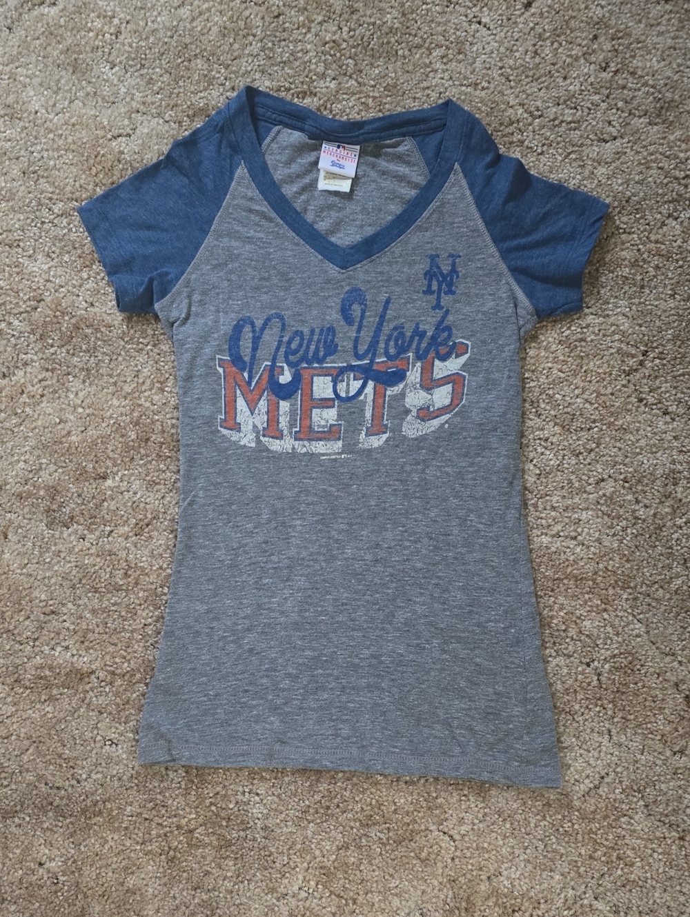 New York Mets Womens V-Neck Raglan Tee - Gray & Blue